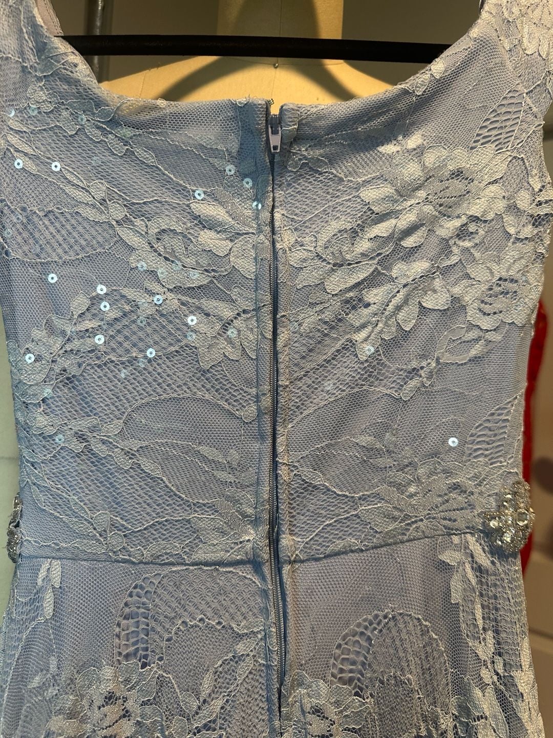 Blue Lace Sleeveless Floor Length Evening Gown with Beaded Waist Size 3 8