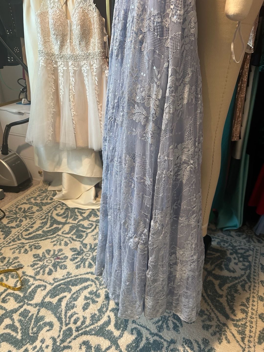Blue Lace Sleeveless Floor Length Evening Gown with Beaded Waist Size 3 10