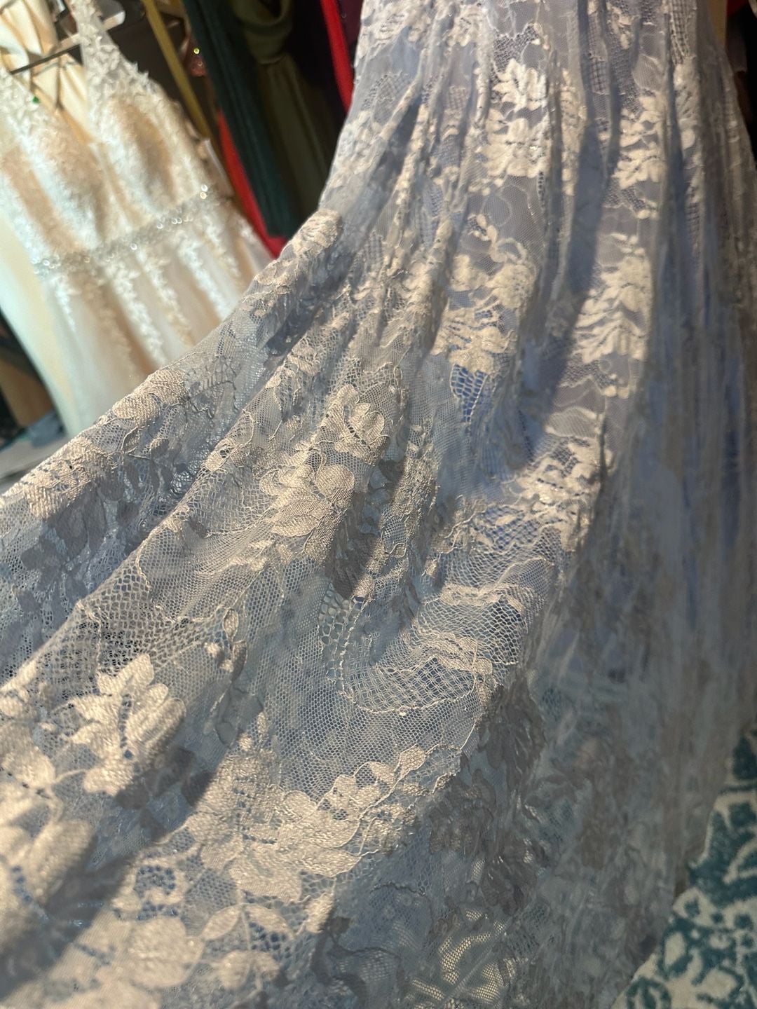 Blue Lace Sleeveless Floor Length Evening Gown with Beaded Waist Size 3 11