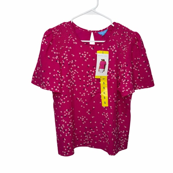 Draper James Pink Floral Flutter Sleeve Smocked Shoulder Blouse