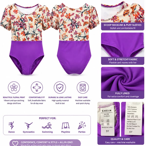 SHEIN Girls Floral Puff Sleeve Leotard Bodysuit