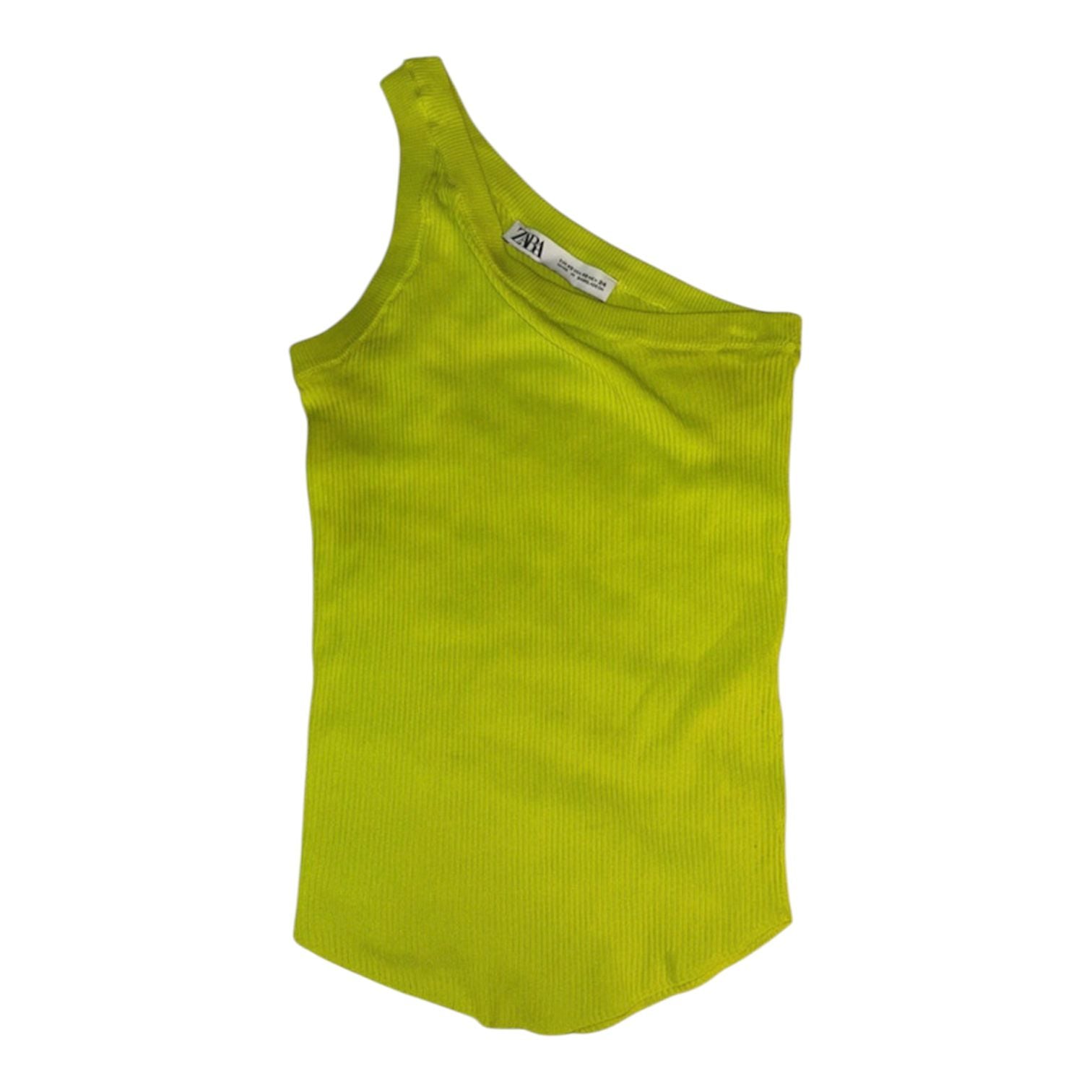 Zara Asymmetric Ribbed One-Shoulder Tank Top in Lime Green 1