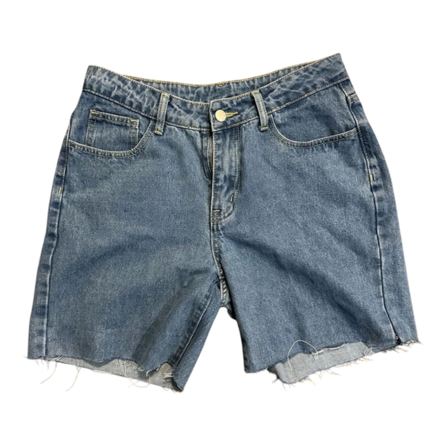High-Waisted Medium Blue Wash Raw Hem Bermuda Denim Shorts 2