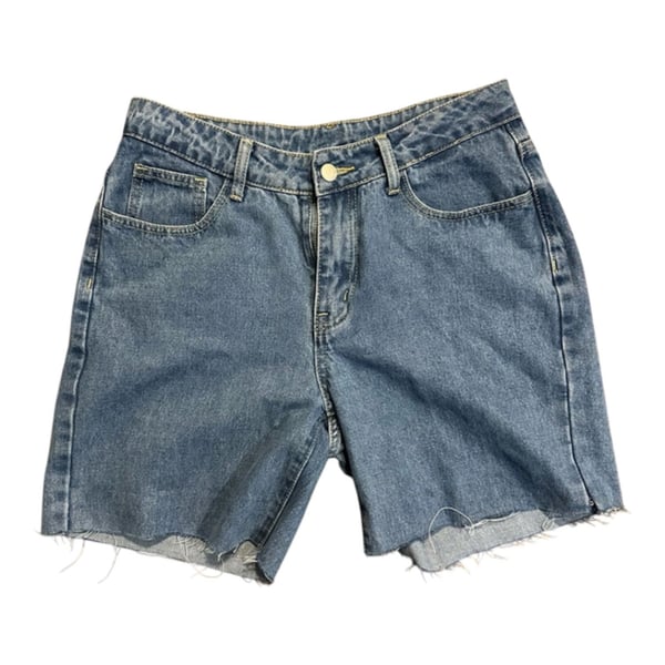 High-Waisted Medium Blue Wash Raw Hem Bermuda Denim Shorts