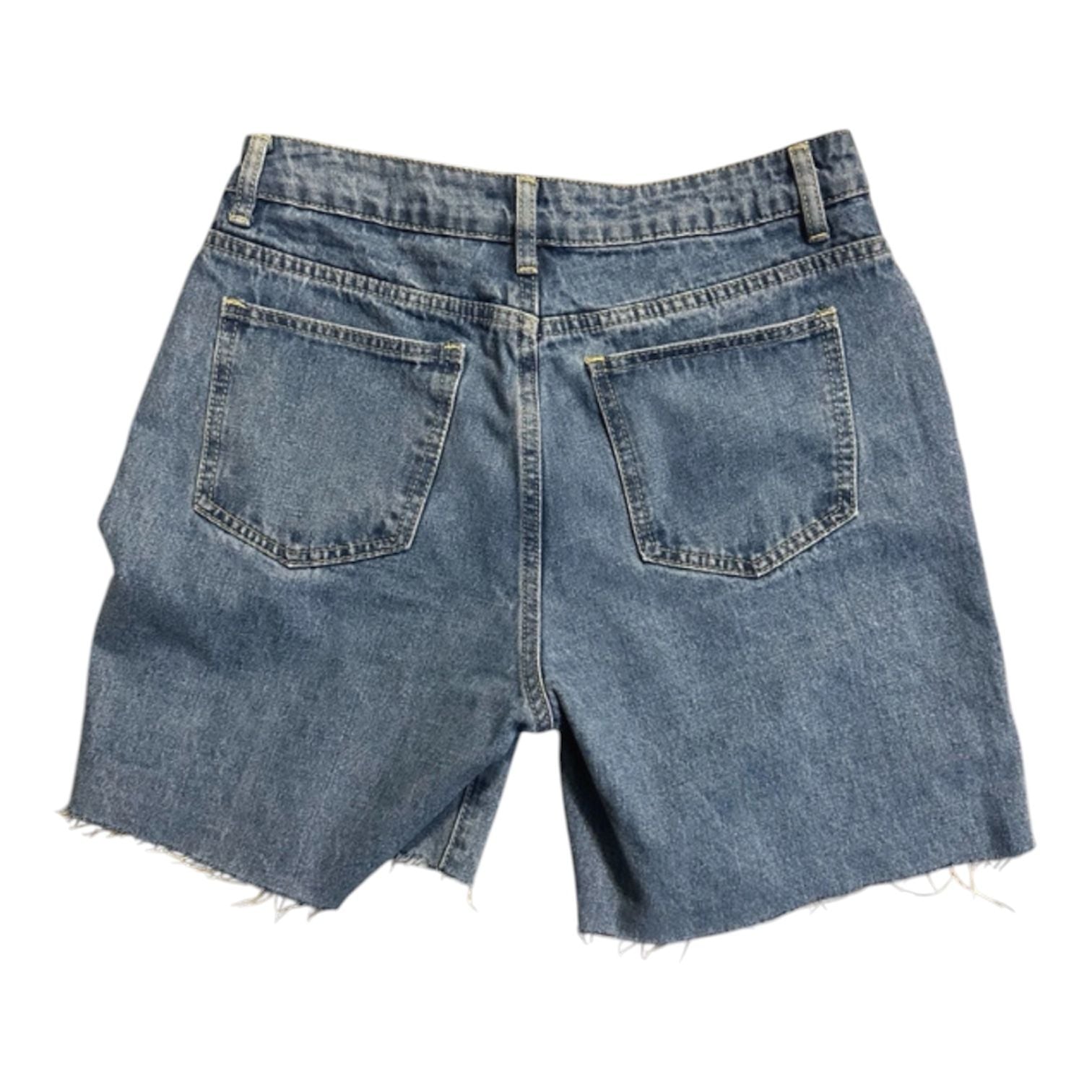 High-Waisted Medium Blue Wash Raw Hem Bermuda Denim Shorts 3