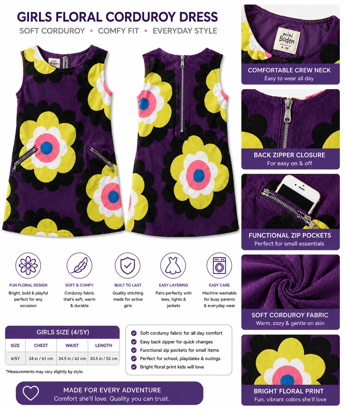 Mini Boden Girls Floral Corduroy Jumper Dress with Zip Pockets 1