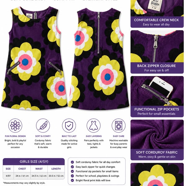 Mini Boden Girls Floral Corduroy Jumper Dress with Zip Pockets