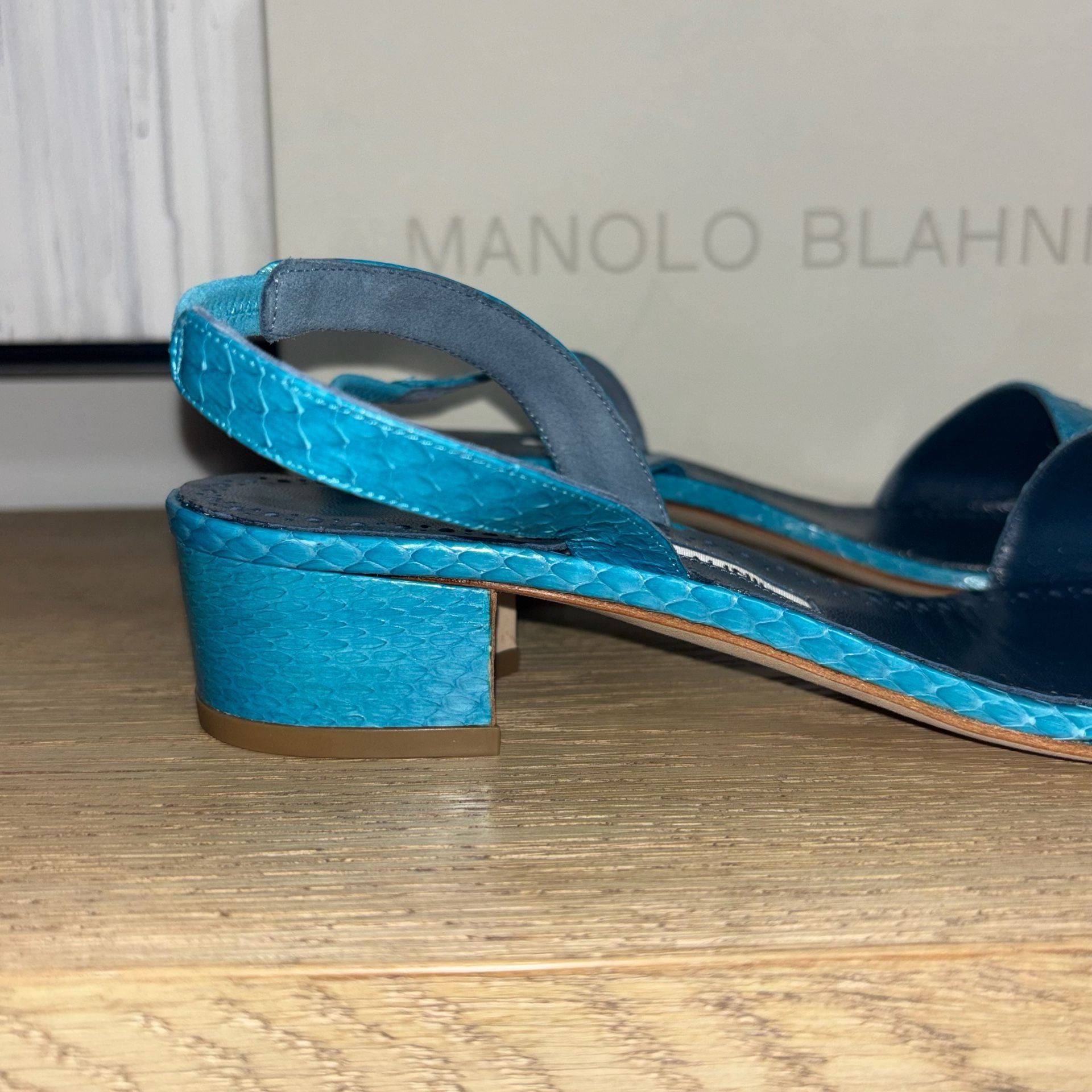 Manolo Blahnik Snakeskin Animal Print Slingback Sandals w/ Tags - Blue Sandals, Shoes - MOO282822 2