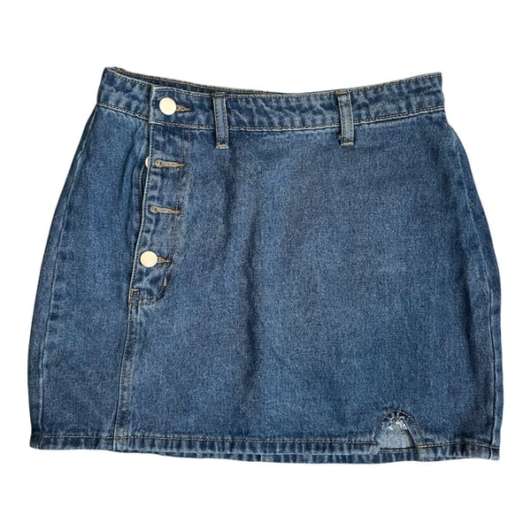 Button-Front Denim Mini Skirt with Side Slit