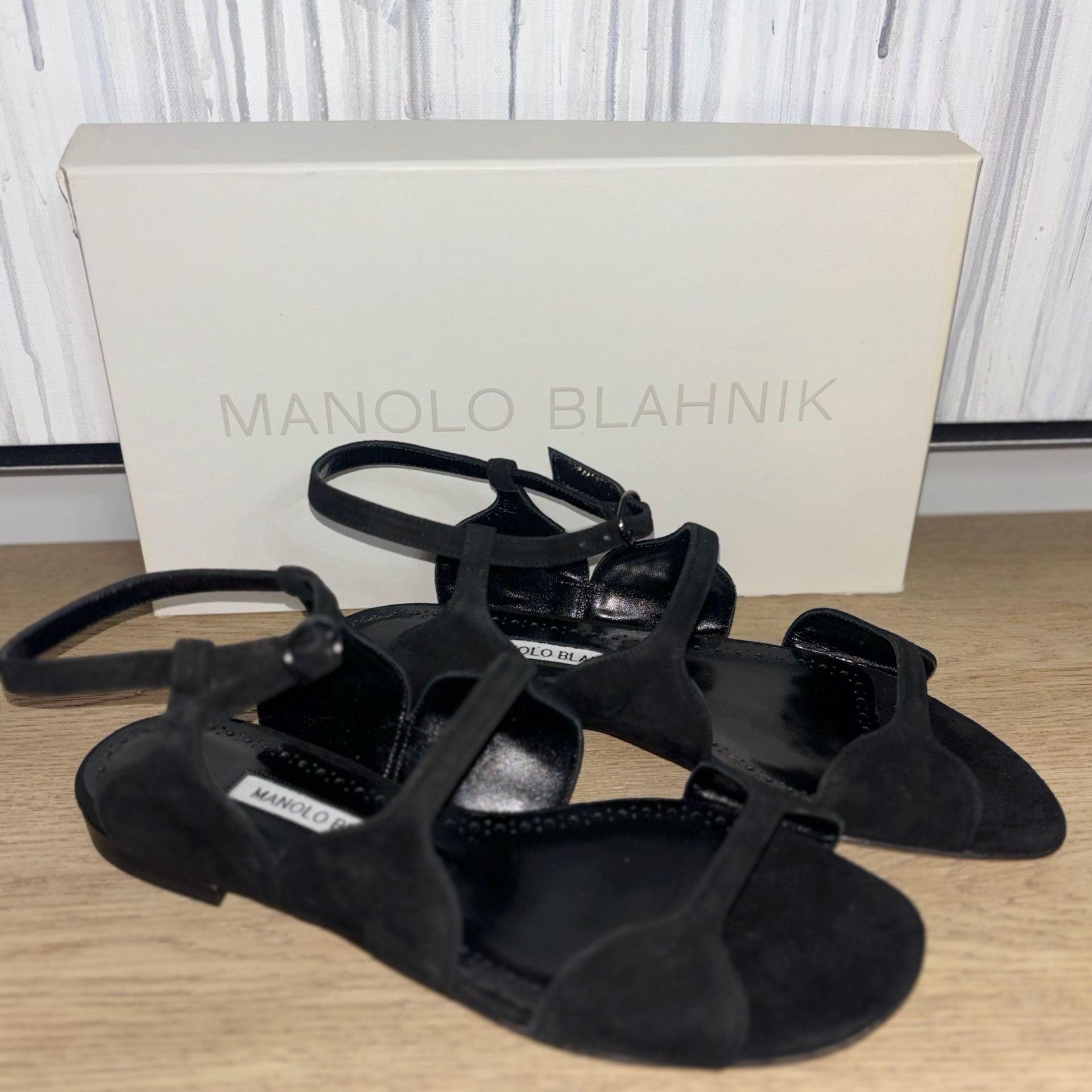 Manolo Blahnik Rufina Black Suede Ankle Strap Flat Sandals 1