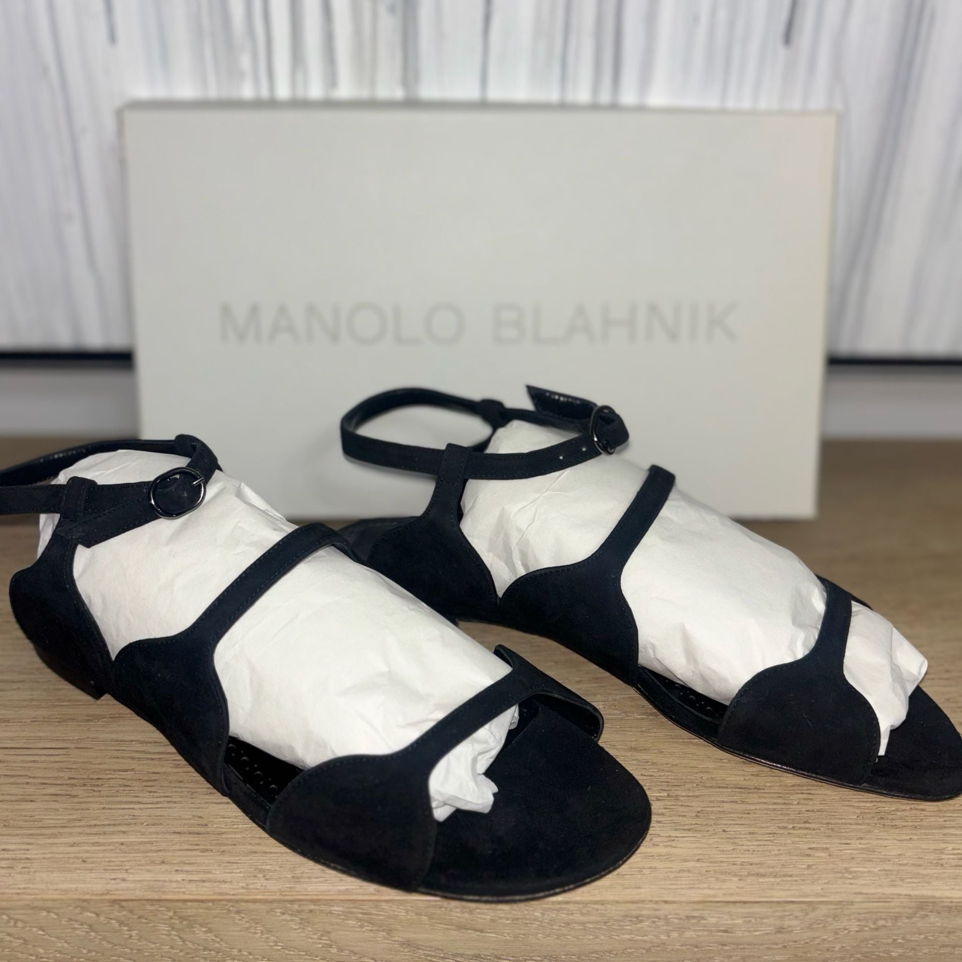 Manolo Blahnik Rufina Black Suede Ankle Strap Flat Sandals 2