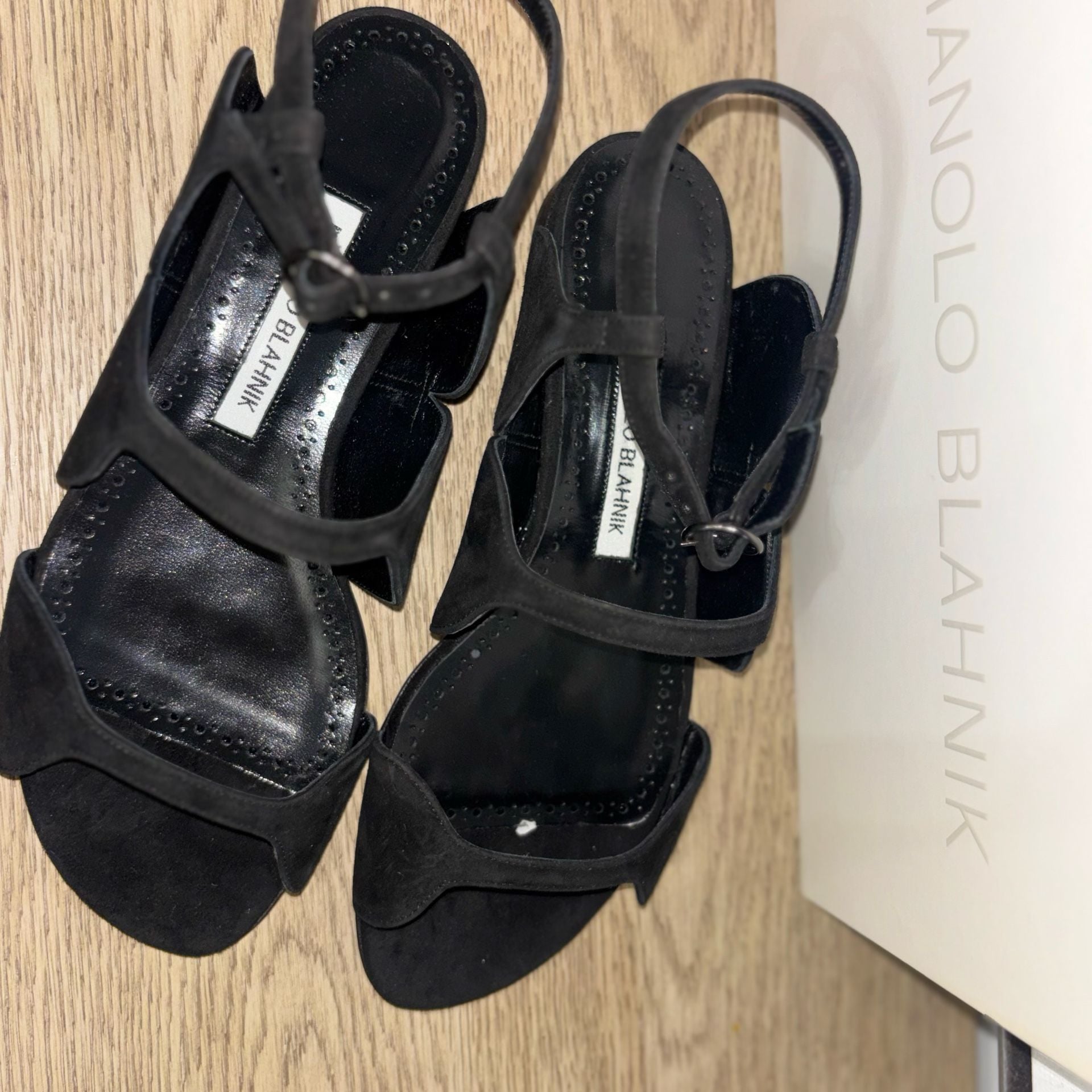 Manolo Blahnik Rufina Black Suede Ankle Strap Flat Sandals 3