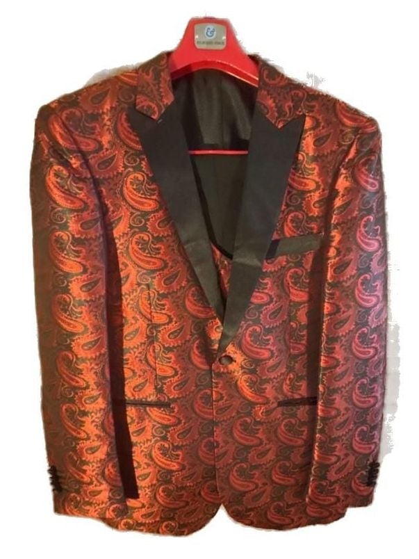 Kilburne + Finch Men's Red and Black Paisley Shawl Lapel Tuxedo Dinner Jacket Matching vest pants 1