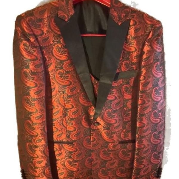 Kilburne + Finch Men's Red and Black Paisley Shawl Lapel Tuxedo Dinner Jacket Matching vest  pants 