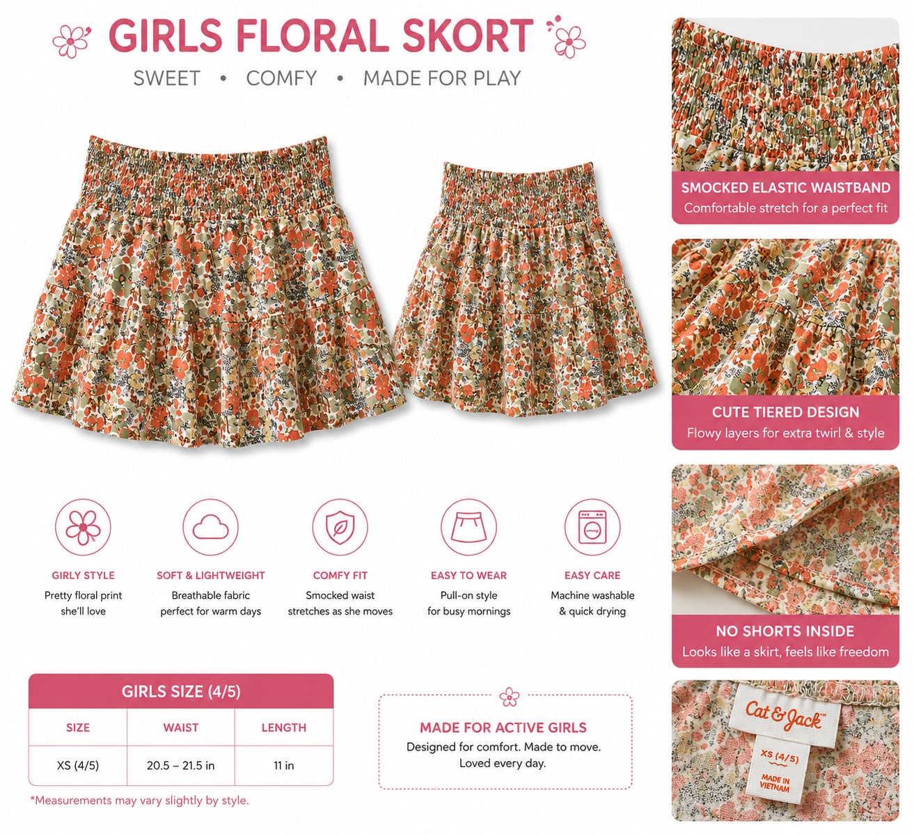 Cat & Jack Girls Floral Tiered Smocked Waist Skirt 1