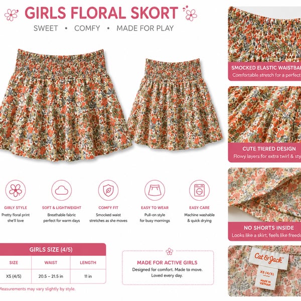 Cat & Jack Girls Floral Tiered Smocked Waist Skirt