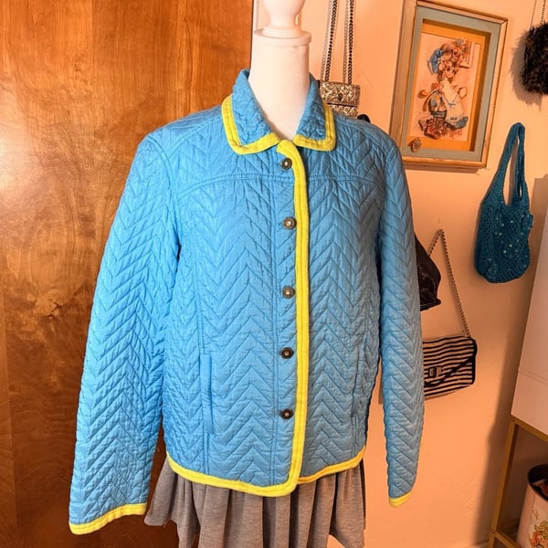 Vintage MiFresia 100% Silk Quilted Jacket - Blue with Neon Green Trim