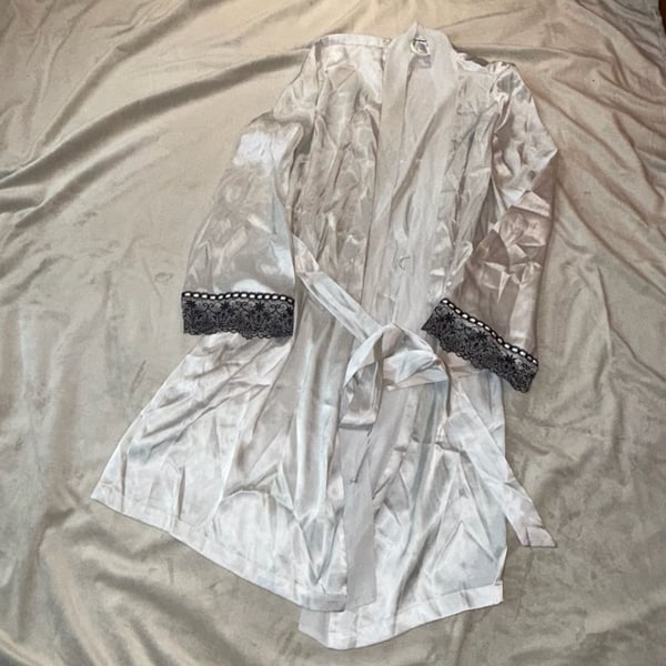 Linea Donatella Women's White Satin Robe with Black Lace Trim