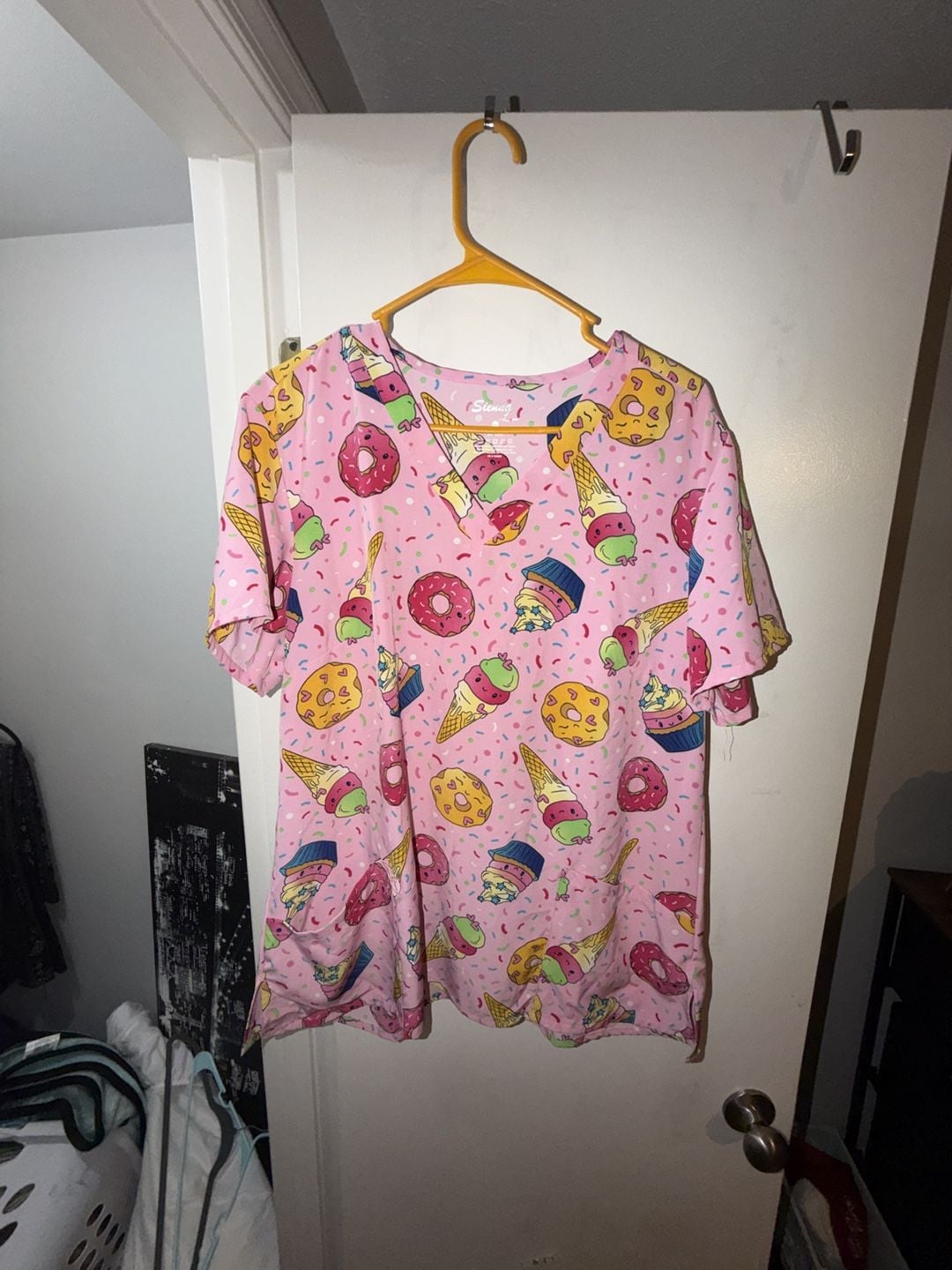 Sienna Love Women's Pink Dessert Print Short Sleeve V-Neck Scrub Top 2