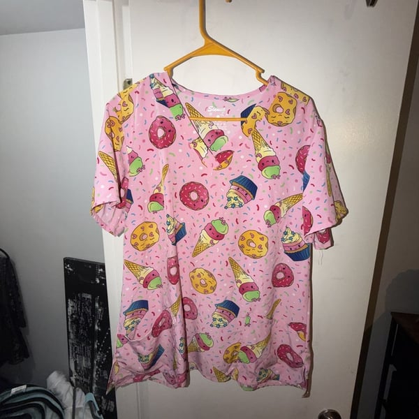 Sienna Love Women's Pink Dessert Print Short Sleeve V-Neck Scrub Top