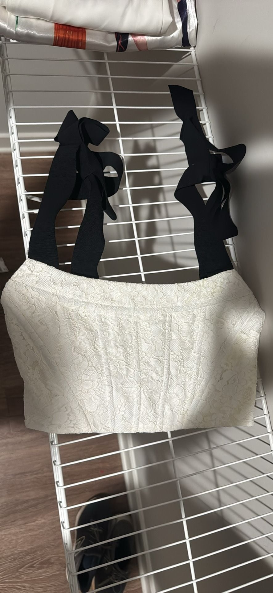 alice + olivia White Lace Corset Crop Top with Black Ribbon Straps 3