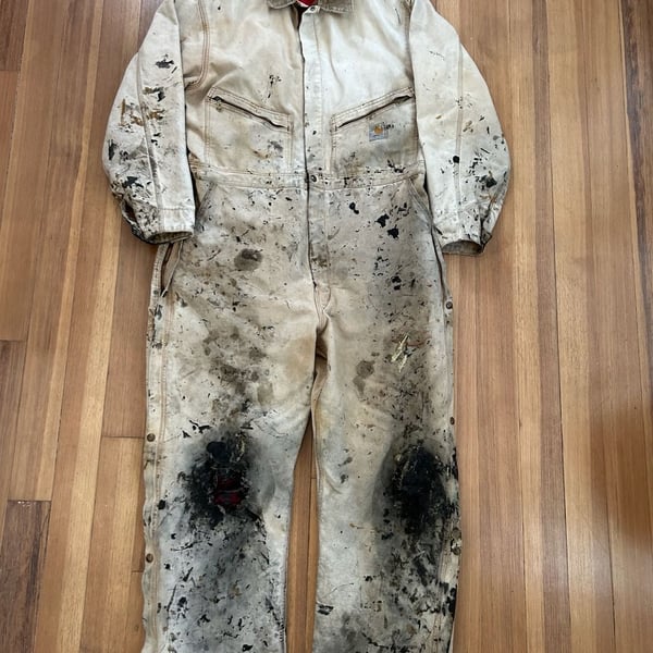 Thrashed faded paint splattered VTG USA 56R Carhartt Duck Canvas Insulated Coveralls jumpsuit 