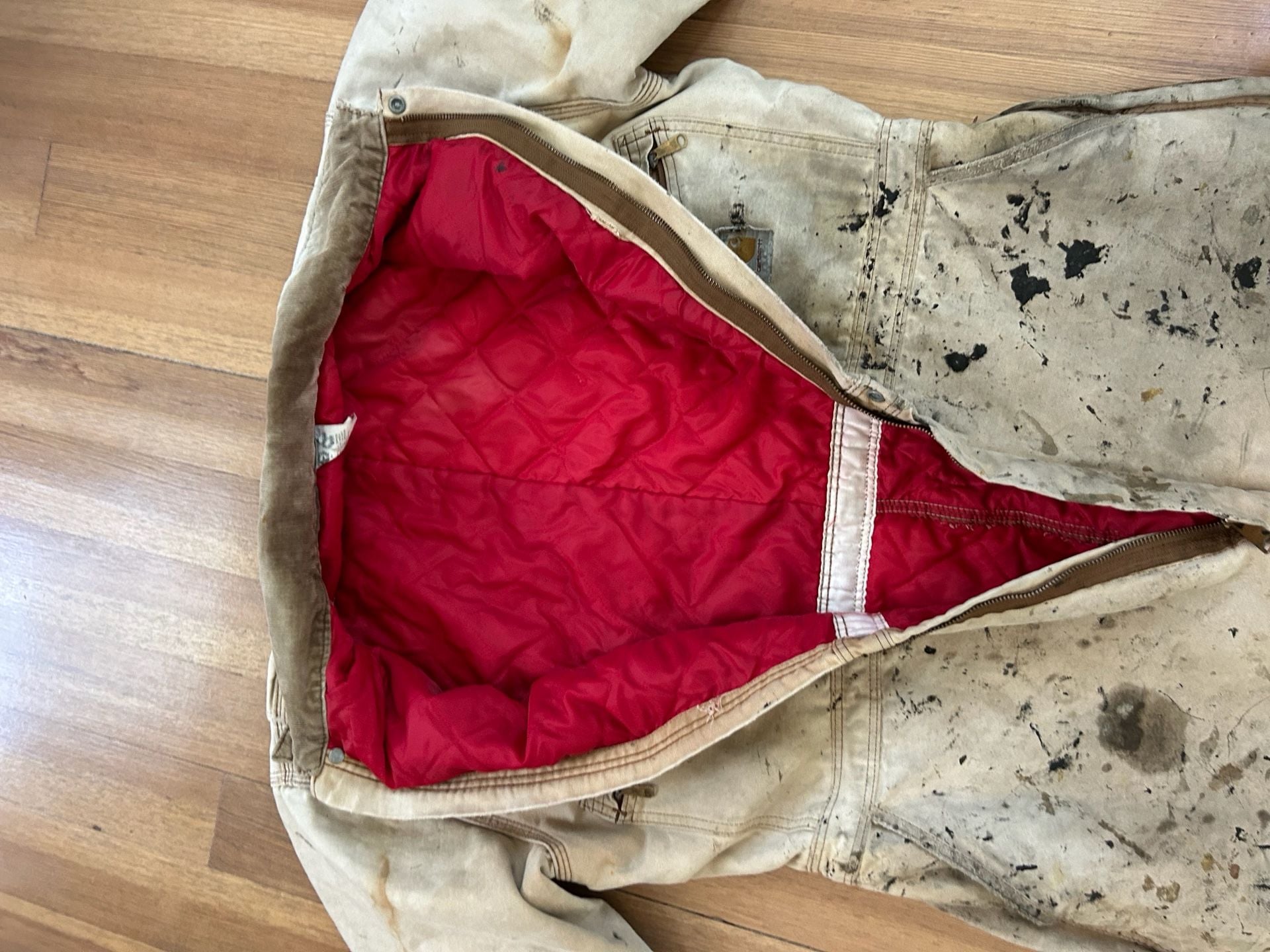 Thrashed faded paint splattered VTG USA 56R Carhartt Duck Canvas Insulated Coveralls jumpsuit  9