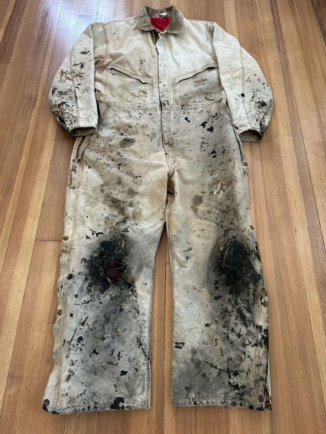Thrashed faded paint splattered VTG USA 56R Carhartt Duck Canvas Insulated Coveralls jumpsuit  8