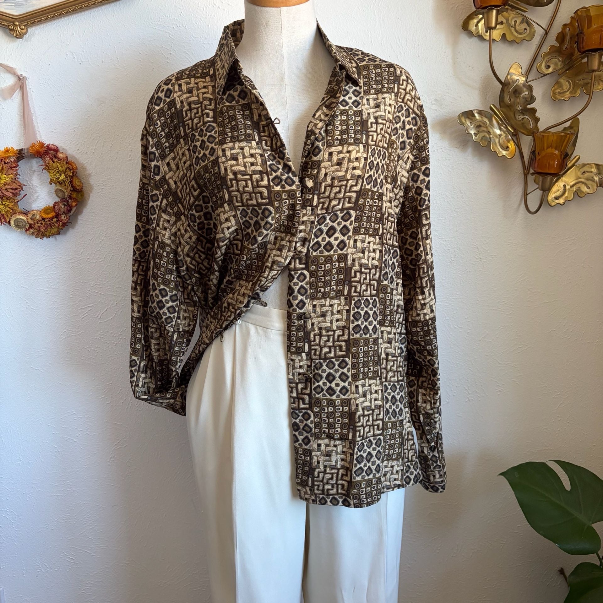 STUNT Vintage 100% Silk Geometric Print Long Sleeve Button-Down Blouse L 2
