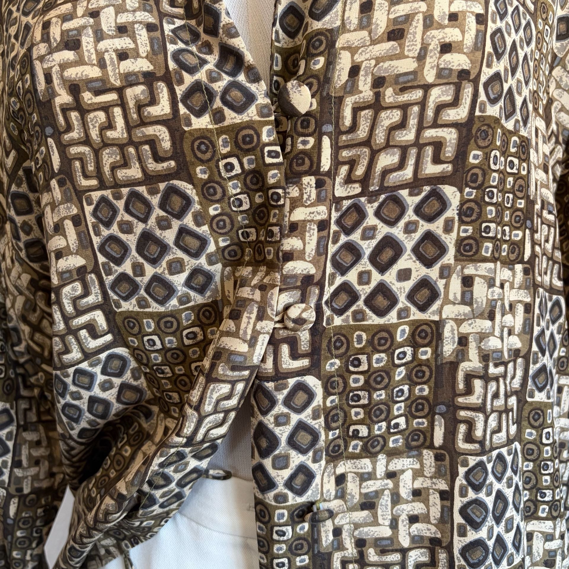 STUNT Vintage 100% Silk Geometric Print Long Sleeve Button-Down Blouse L 3