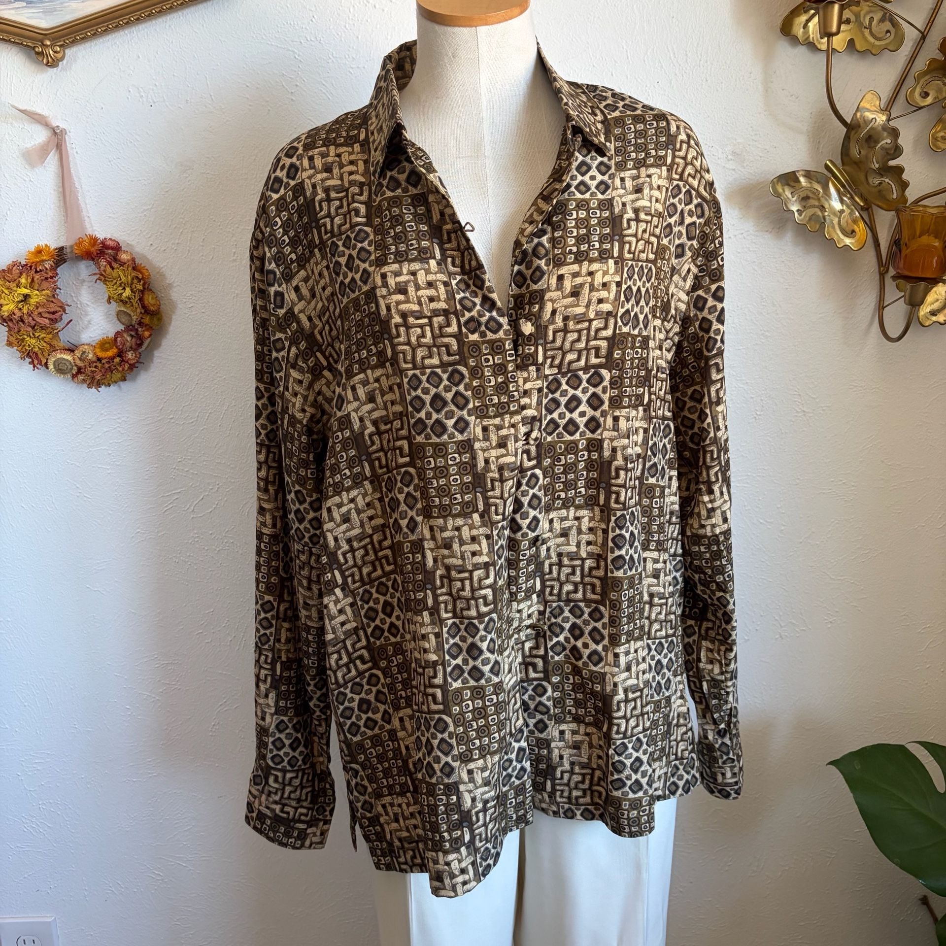 STUNT Vintage 100% Silk Geometric Print Long Sleeve Button-Down Blouse L 4