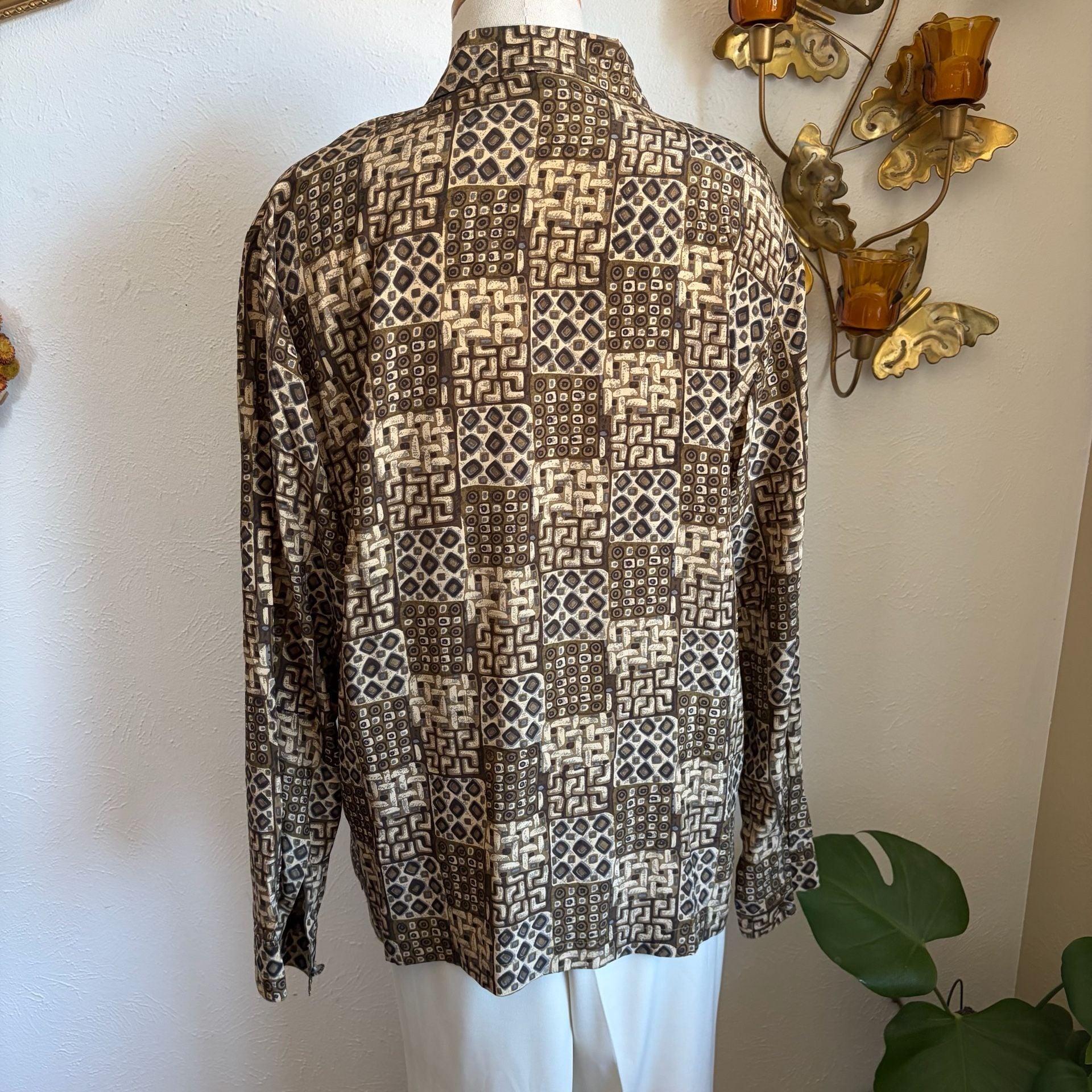 STUNT Vintage 100% Silk Geometric Print Long Sleeve Button-Down Blouse L 5
