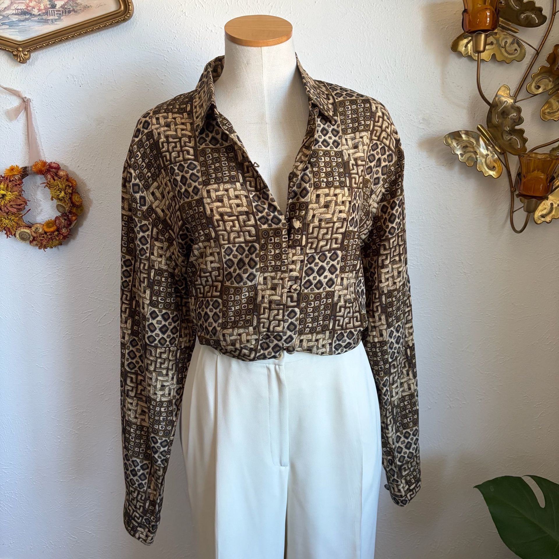 STUNT Vintage 100% Silk Geometric Print Long Sleeve Button-Down Blouse L 6