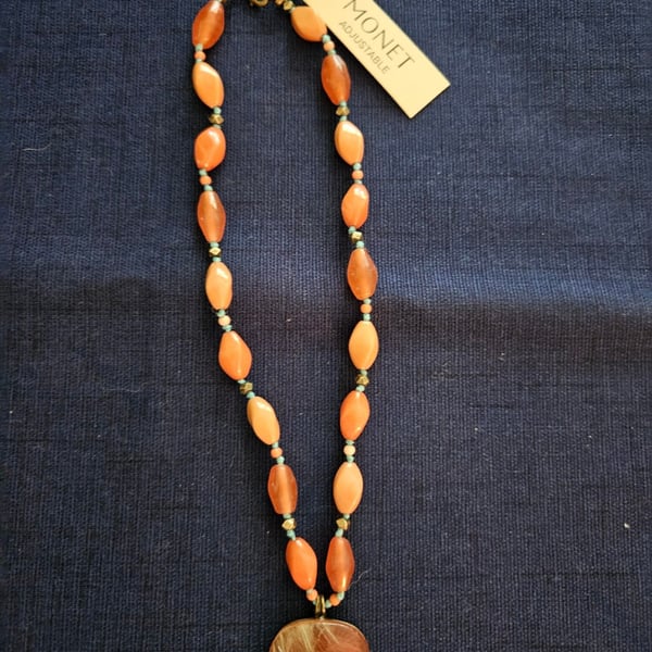 Monet Adjustable Salmon Bead Necklace with Large Marbled Pendant