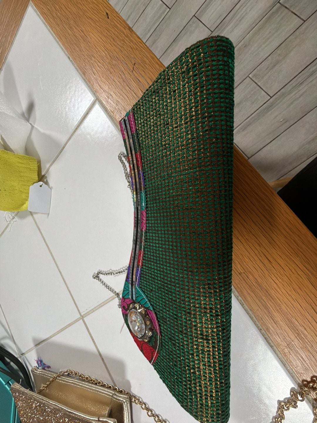 Vintage Embellished Green Evening Clutch Handbag with Jeweled Accents 1