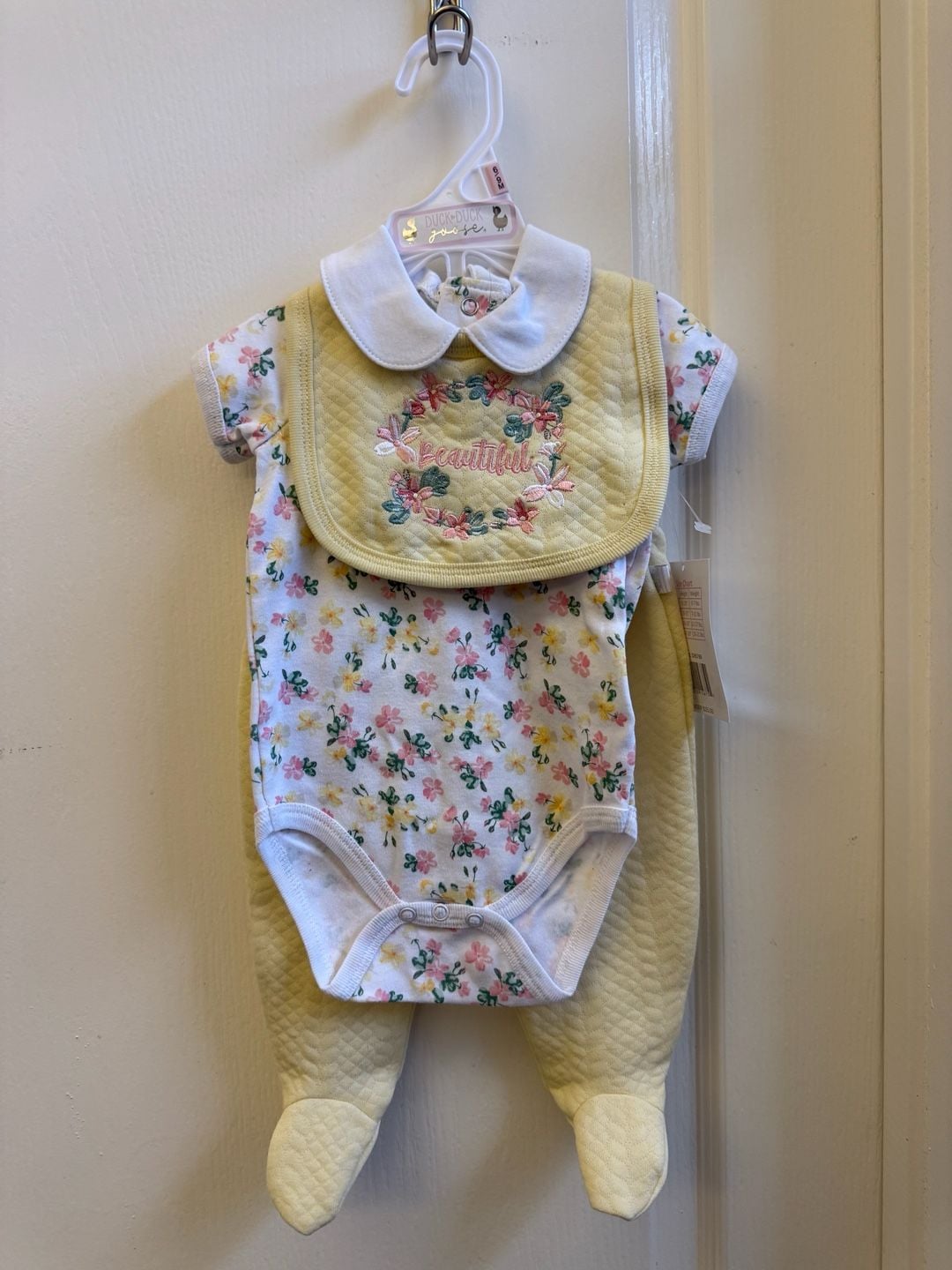 Duck Duck Goose Infant Girl 3-Piece Floral Bodysuit, Bib, and Quilted Footed Pant Set 1