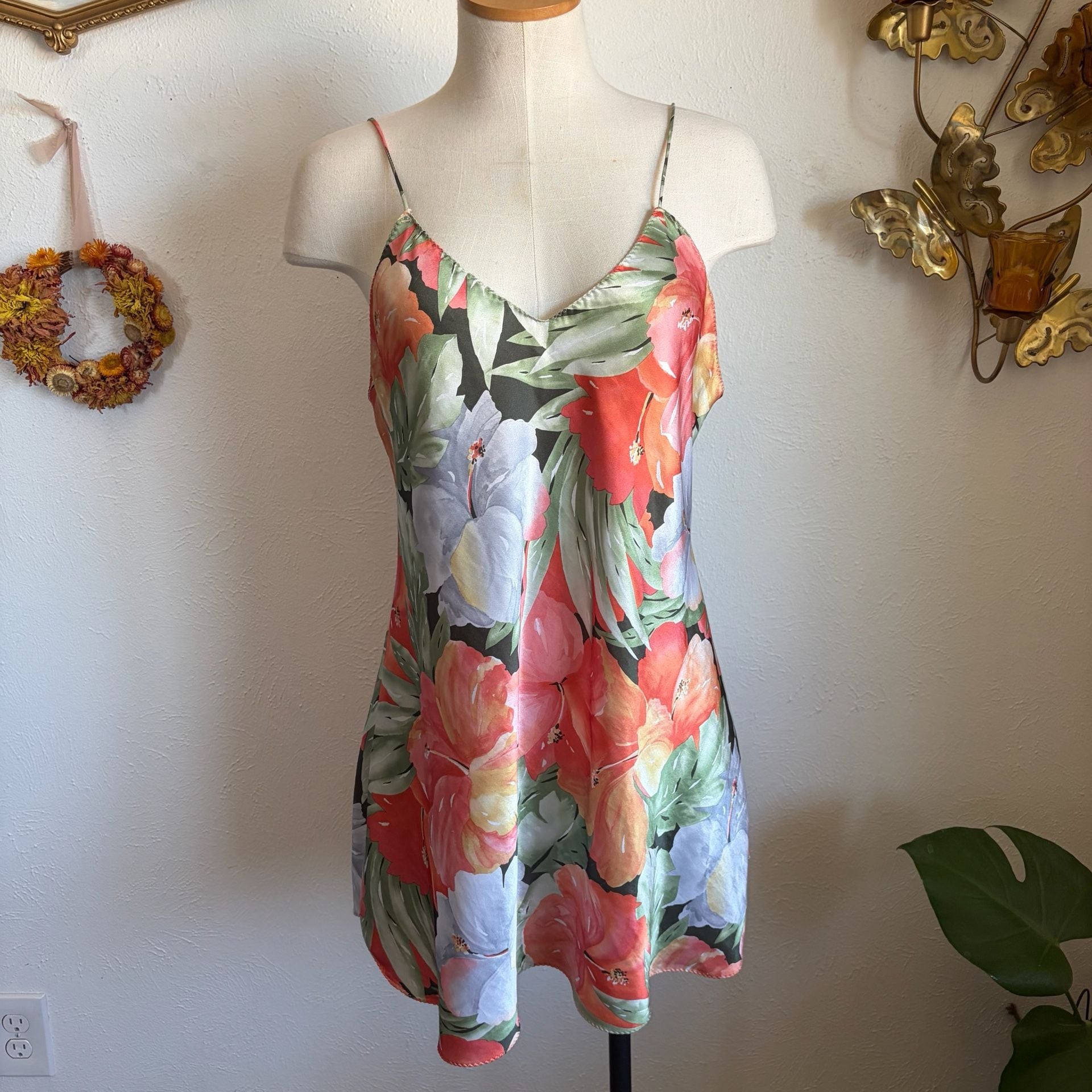 Vintage Wendy Ann Hibiscus Floral Print Silky Satin Mini Nightgown L 2