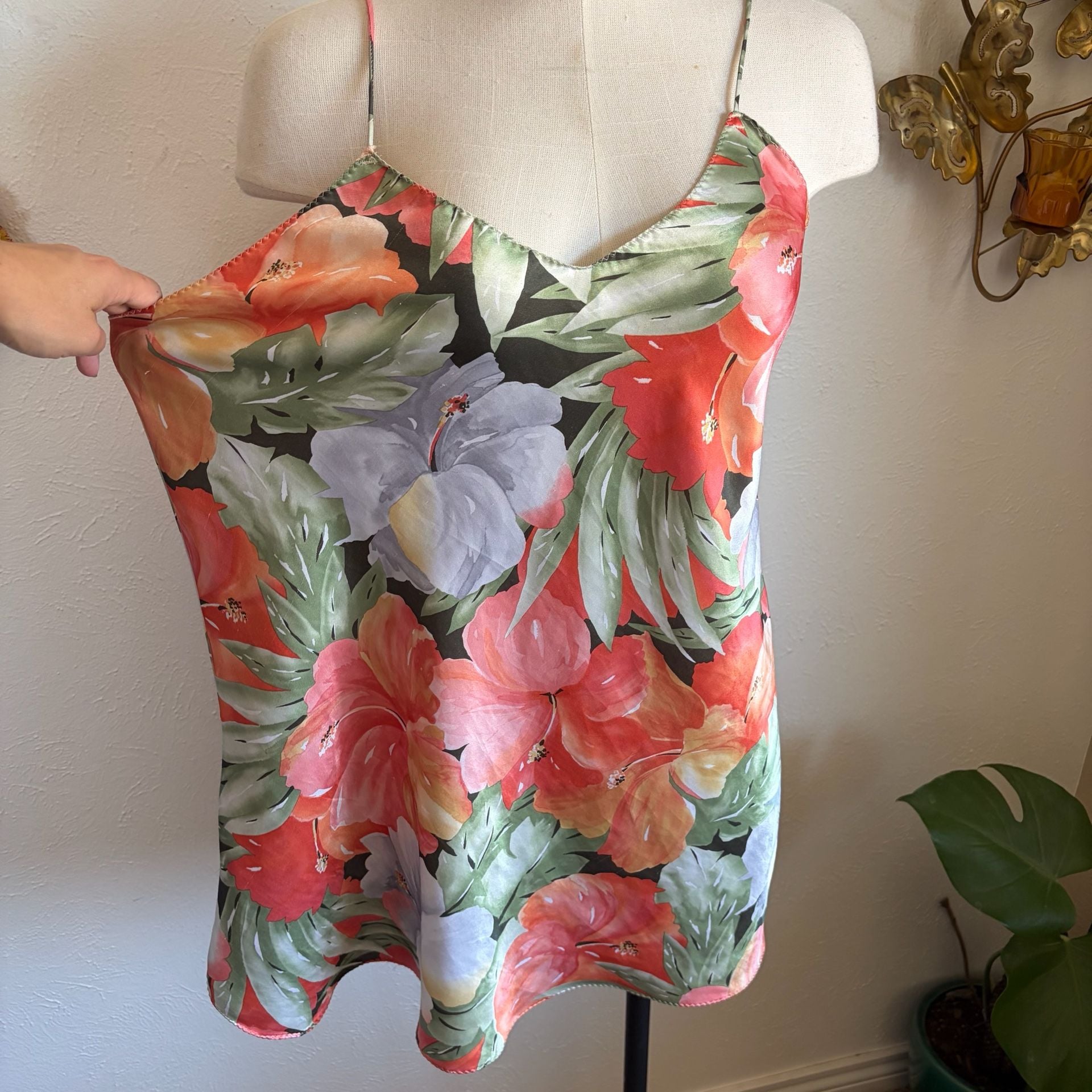 Vintage Wendy Ann Hibiscus Floral Print Silky Satin Mini Nightgown L 3