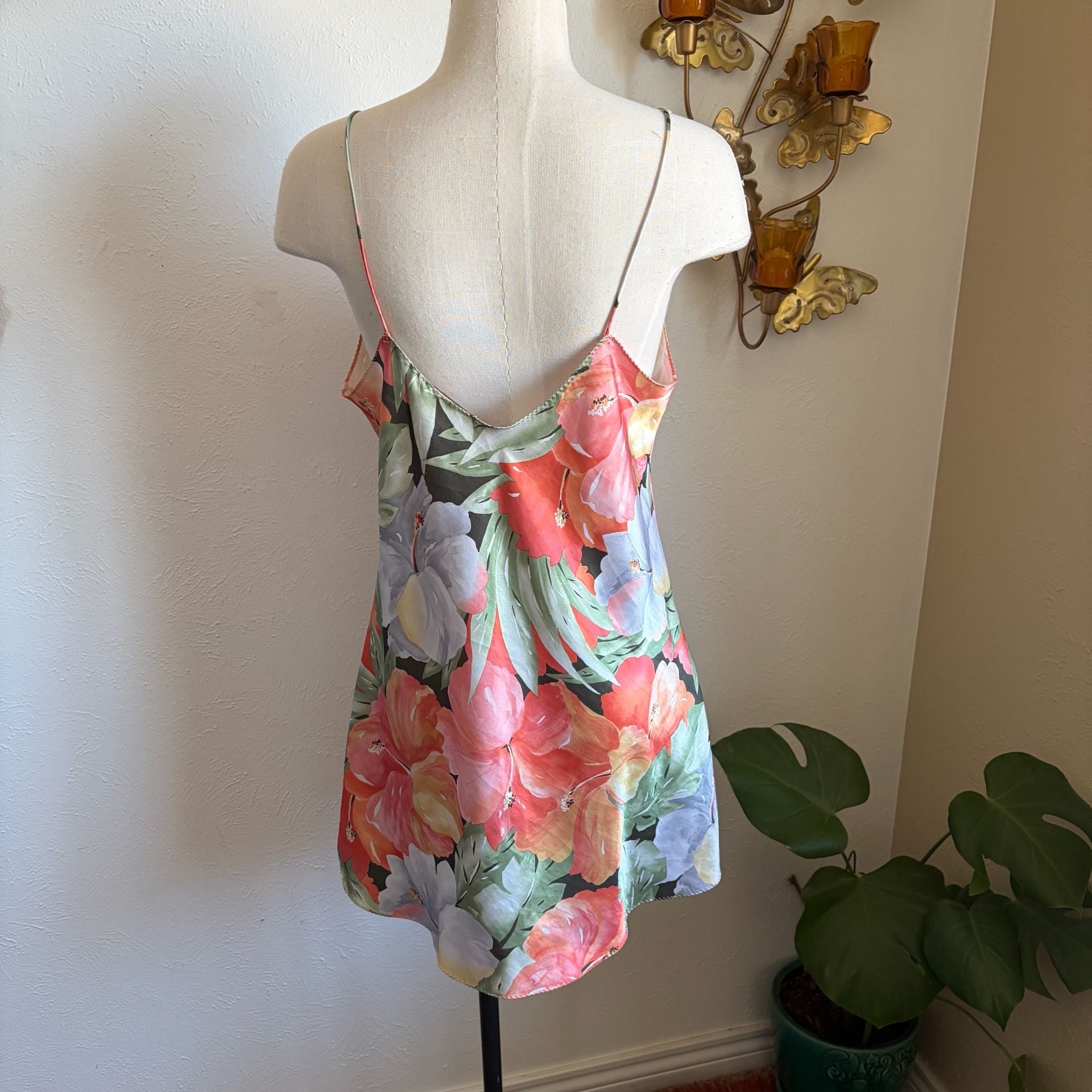 Vintage Wendy Ann Hibiscus Floral Print Silky Satin Mini Nightgown L 4