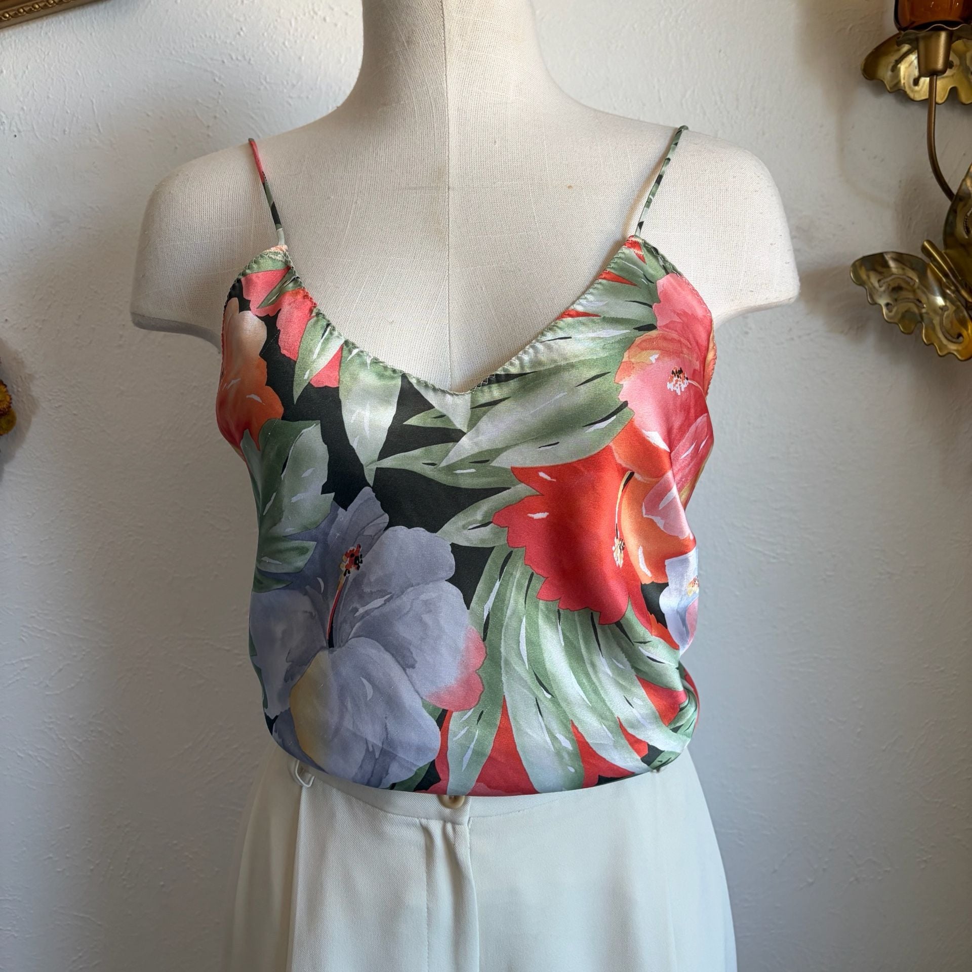Vintage Wendy Ann Hibiscus Floral Print Silky Satin Mini Nightgown L 5