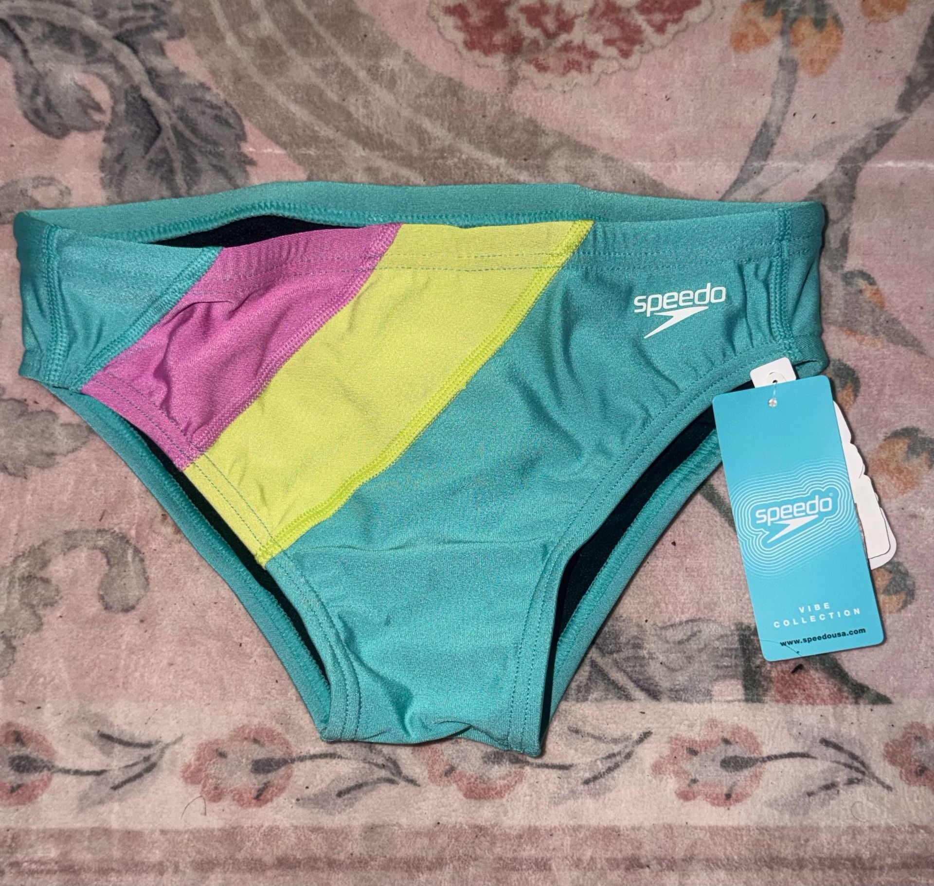 NWT Speedo Vibe Eco Endurance brief teal, pink, and yellow colorblock Size 30 2