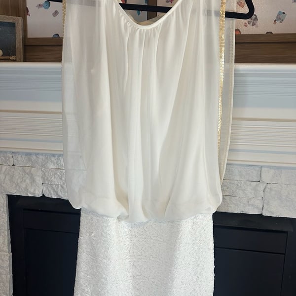 Vintage Cache Women's White Chiffon Blouson Sequin Cocktail Sheath Dress NWT