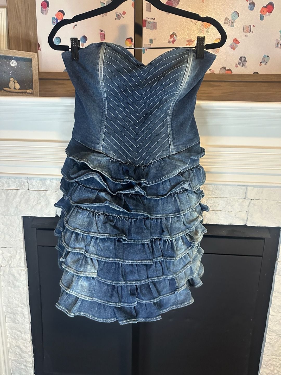 Vintage NWT Guess Y2K Strapless Denim Corset Mini Dress with Ruffled Tiers 2
