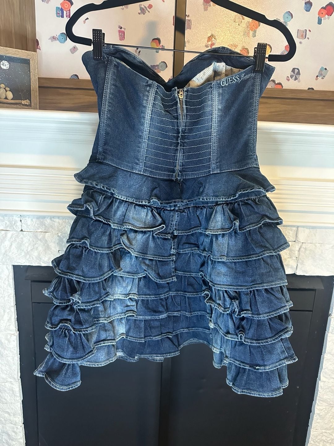 Vintage NWT Guess Y2K Strapless Denim Corset Mini Dress with Ruffled Tiers 4