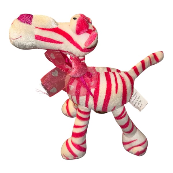 Walmart White and Pink Striped Zebra Plush Toy with Heart Ribbon