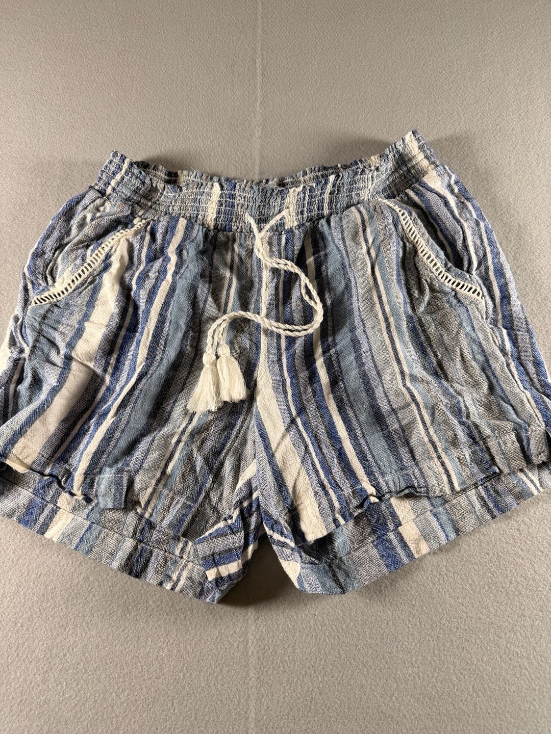 Briggs Blue and White Striped Linen Blend Pull-On Shorts with Tassel Drawstring and Lace Trim 1