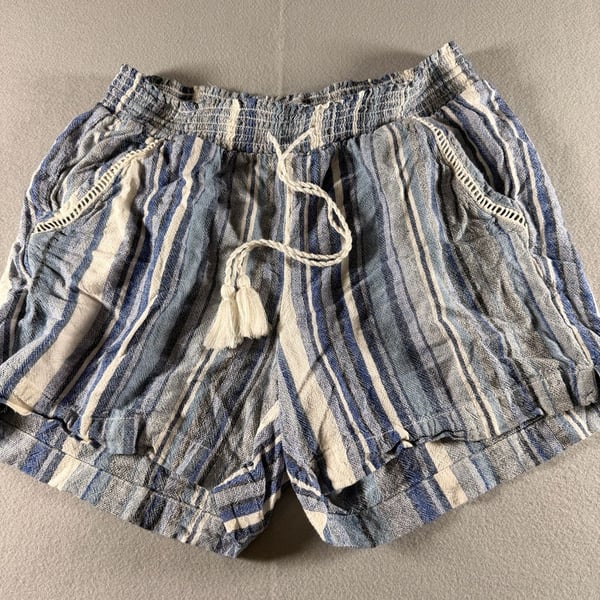 Briggs Blue and White Striped Linen Blend Pull-On Shorts with Tassel Drawstring and Lace Trim