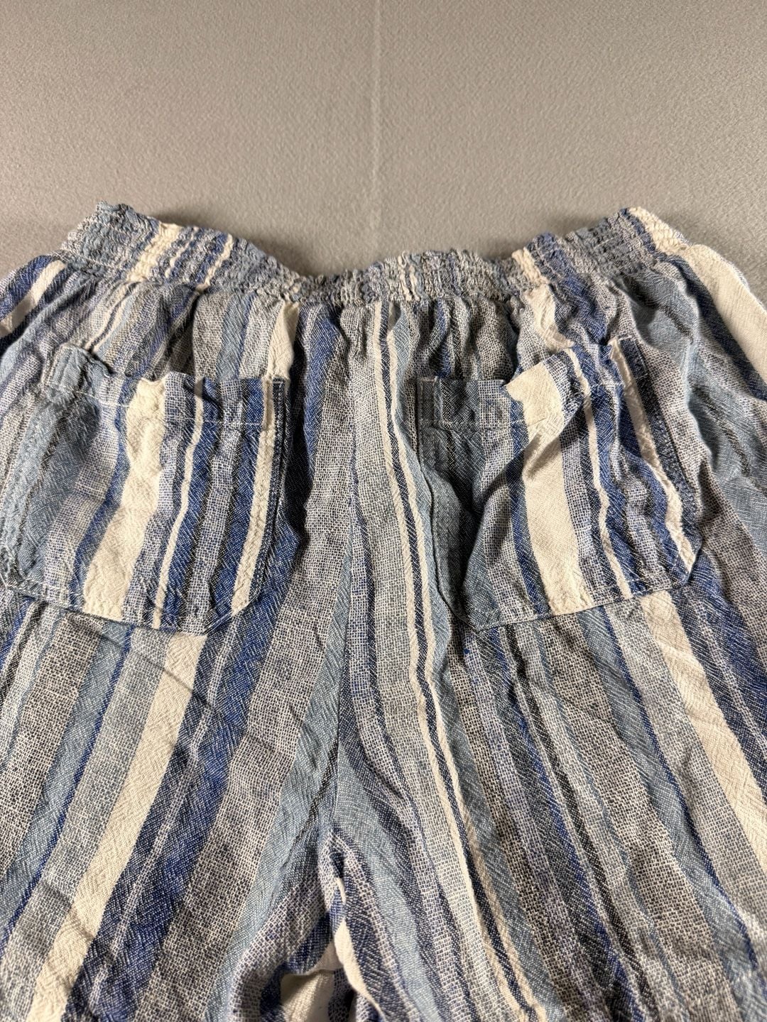 Briggs Blue and White Striped Linen Blend Pull-On Shorts with Tassel Drawstring and Lace Trim 2