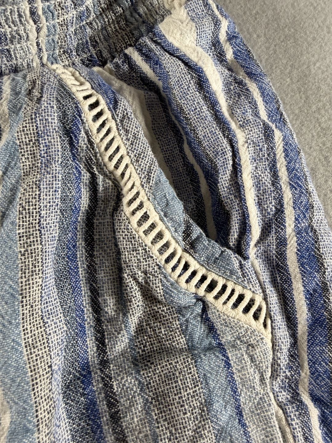 Briggs Blue and White Striped Linen Blend Pull-On Shorts with Tassel Drawstring and Lace Trim 3
