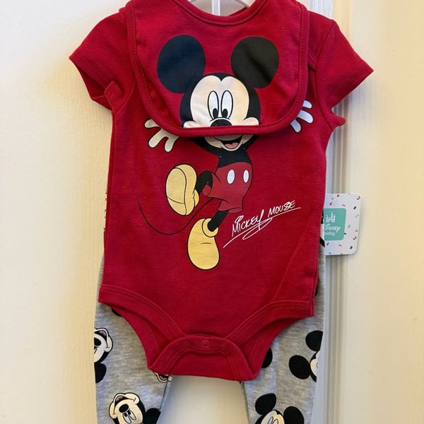 Disney Baby Mickey Mouse 3-Piece Set: Bodysuit, Pants, and Bib